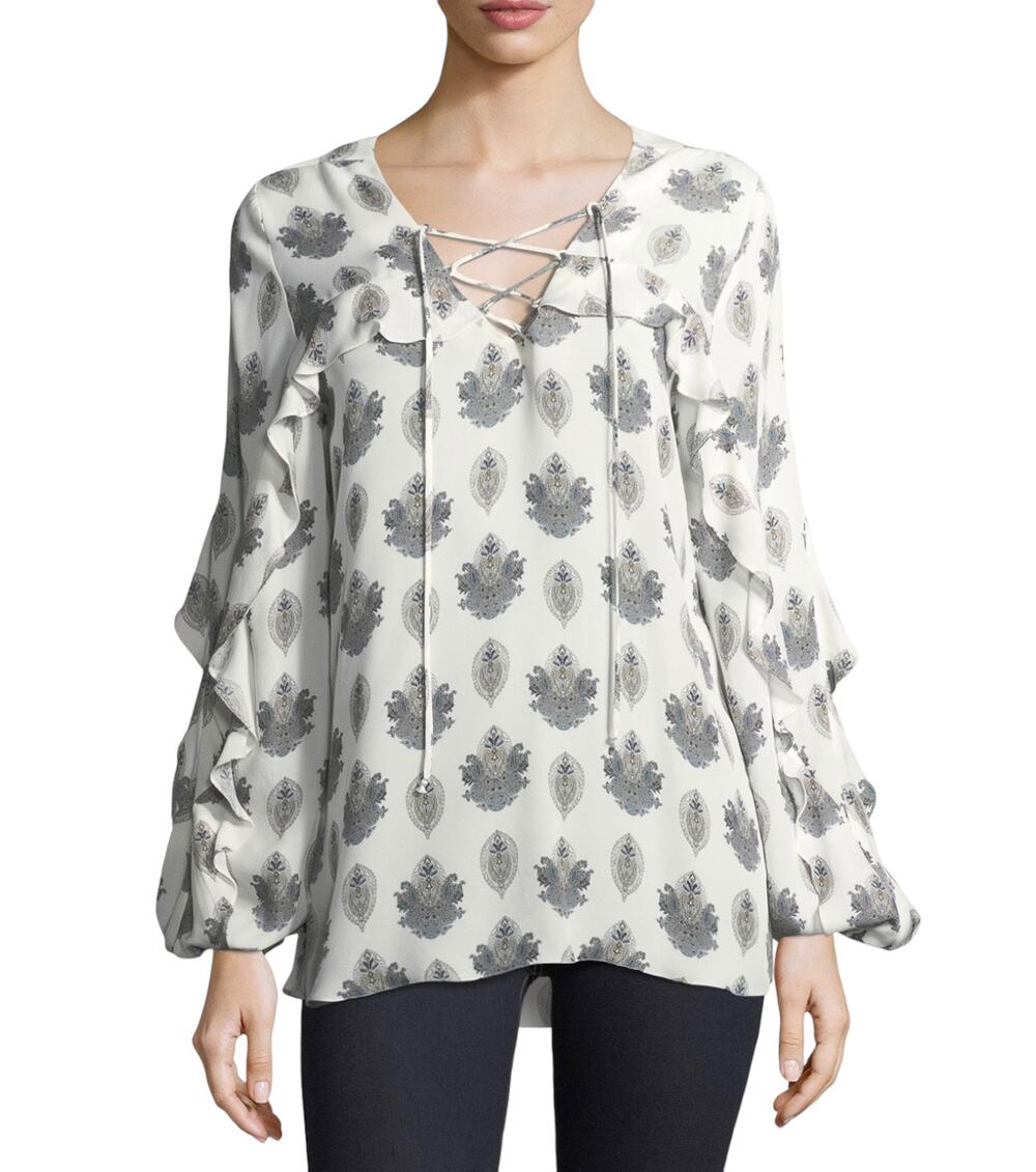Kobi Halperin Silk Blouse Long Sleeve Paisley Floral Print White